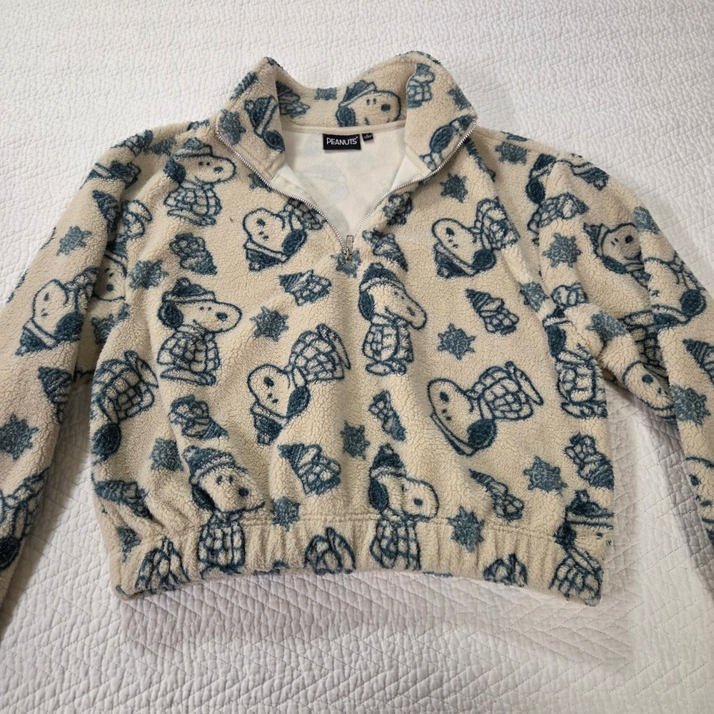 Peanuts Snoopy Sherpa Fleece Quarter Zip Pullover Blue Cream Cropped Large